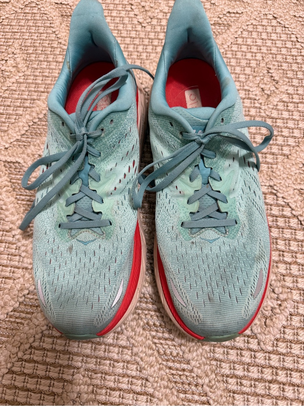 Hoka Clifton size 11 Light Blue Women's Running Shoes with Coral Accents